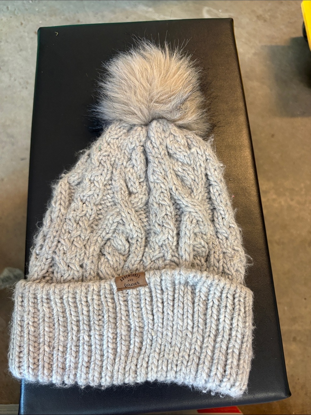 H&M Light Cream Cable-Knit Beanie with Faux Fur Pom